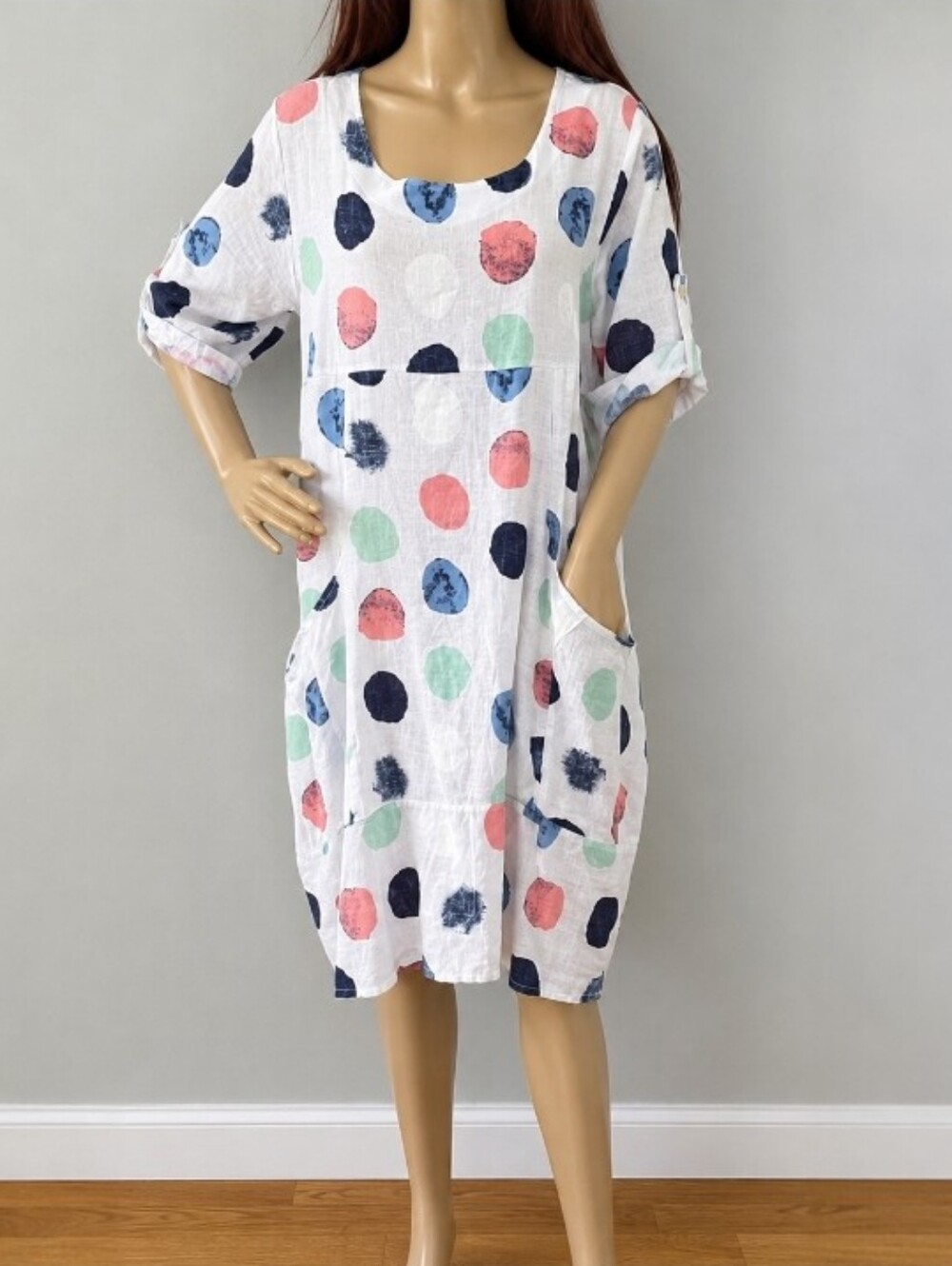 Kaktus Italy Linen Blend Polka Dot Lagenlook Dress NWT Large Made in Italy